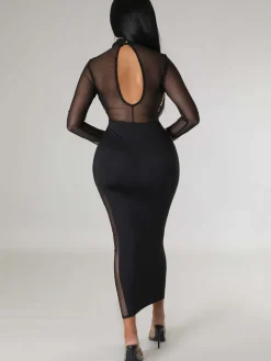 Mesh Sequin Patchwork Long Sleeve Midi Dress