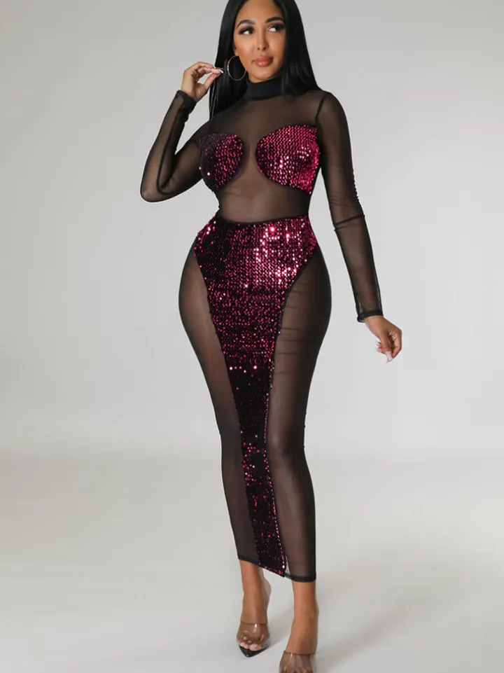 Mesh Sequin Patchwork Long Sleeve Midi Dress