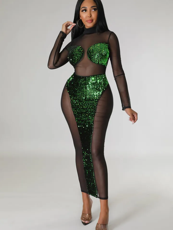 Mesh Sequin Patchwork Long Sleeve Midi Dress