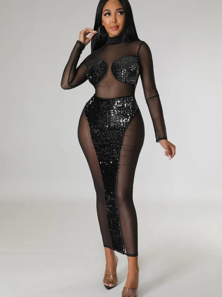 Mesh Sequin Patchwork Long Sleeve Midi Dress