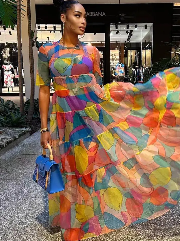 Mesh Short Sleeve Print Flowy Maxi Dress