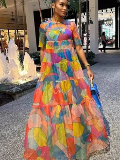 Mesh Short Sleeve Print Flowy Maxi Dress