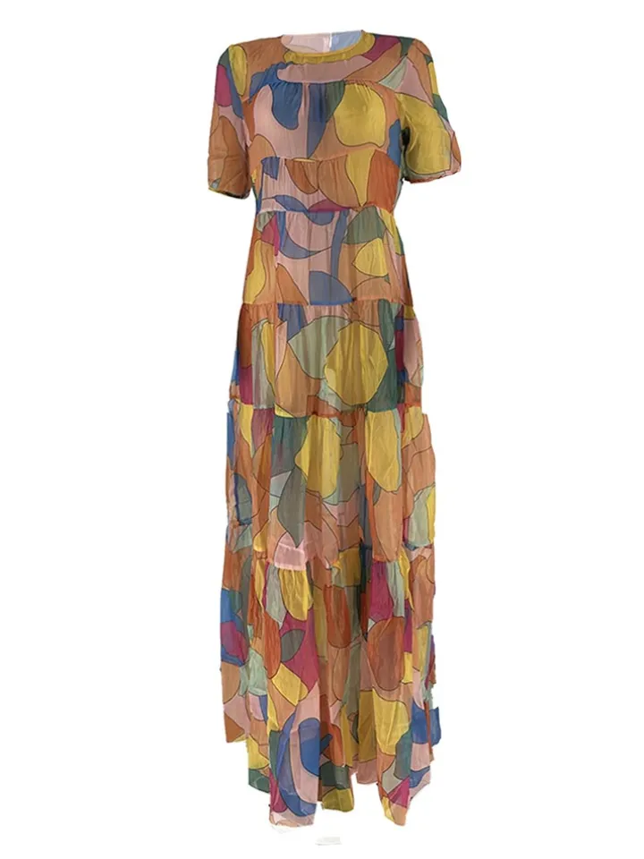 Mesh Short Sleeve Print Flowy Maxi Dress