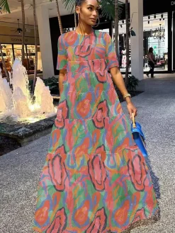 Mesh Short Sleeve Print Flowy Maxi Dress