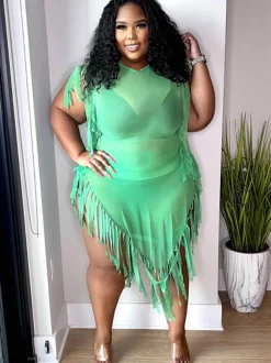 Mesh Sleeveless Tassel Irregular Mini Dress