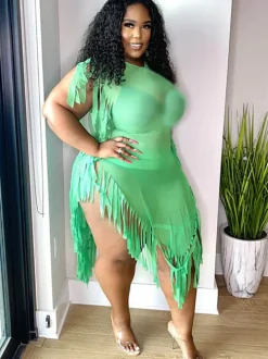 Mesh Sleeveless Tassel Irregular Mini Dress