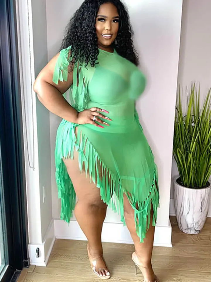 Mesh Sleeveless Tassel Irregular Mini Dress
