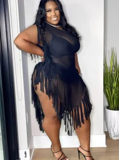 Mesh Sleeveless Tassel Irregular Mini Dress