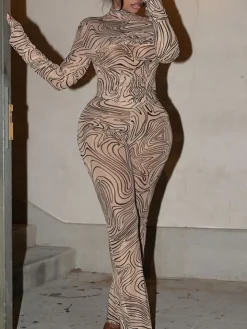 Mesh Turtleneck Crop Top Flared Pant Sets