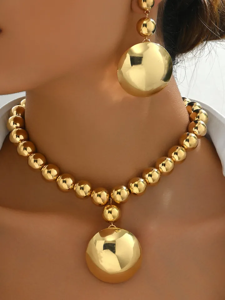 Metal Beaded Necklace Earrings Jewelry Set