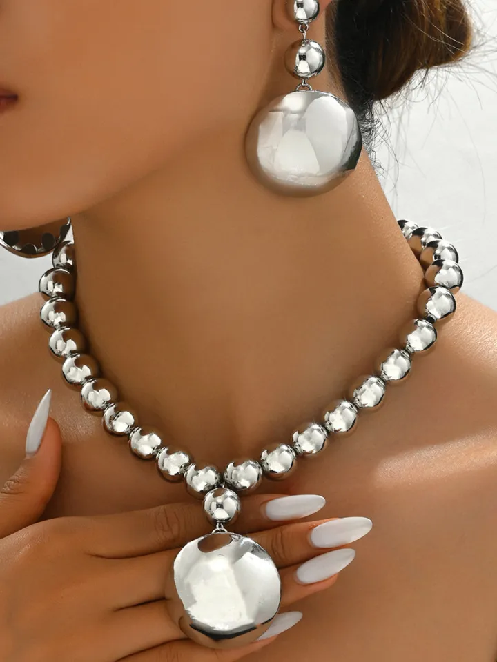 Metal Beaded Necklace Earrings Jewelry Set