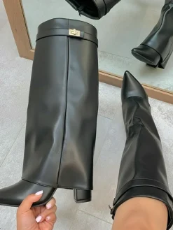 Metal Buckle Pointed Toe Knee High Boots