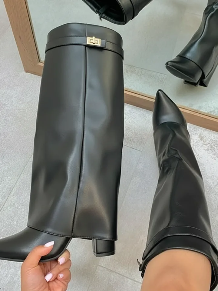 Metal Buckle Pointed Toe Knee High Boots