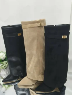 Metal Buckle Pointed Toe Knee High Boots