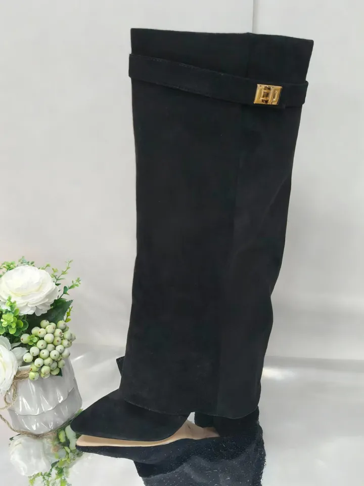 Metal Buckle Pointed Toe Knee High Boots