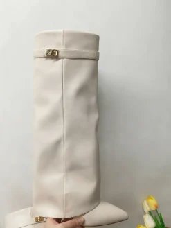 Metal Buckle Pointed Toe Knee High Boots