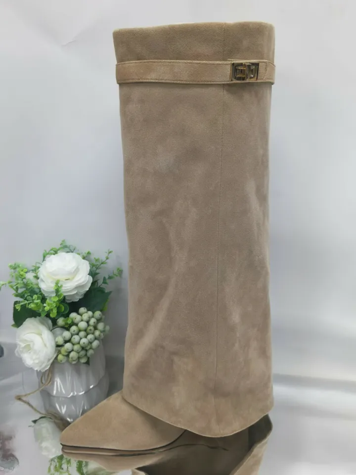 Metal Buckle Pointed Toe Knee High Boots