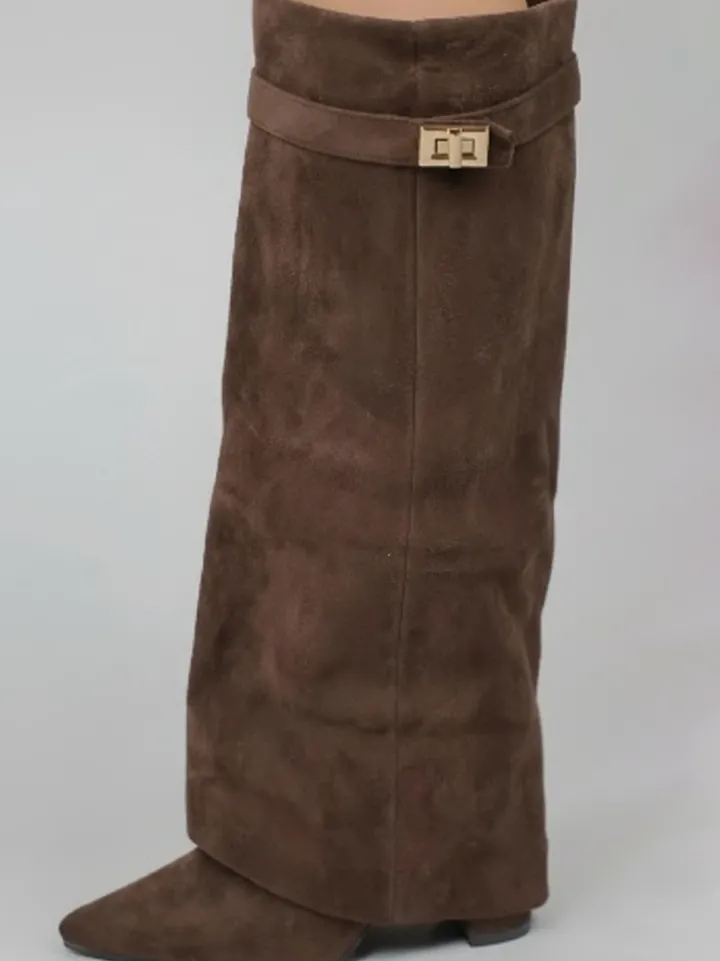 Metal Buckle Pointed Toe Knee High Boots