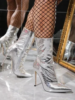 Metallic Pointed Toe Stiletto Ankle Boots