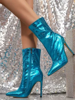 Metallic Pointed Toe Stiletto Ankle Boots