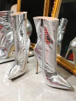 Metallic Pointed Toe Stiletto Ankle Boots