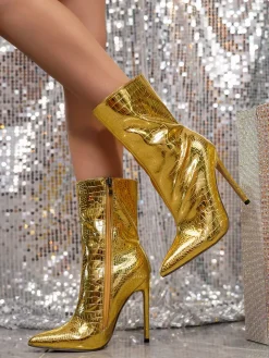 Metallic Pointed Toe Stiletto Ankle Boots