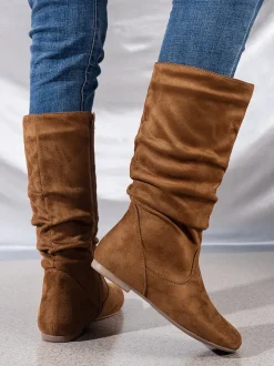 Mid-Calf Side Zipper Ruched Flat Boots