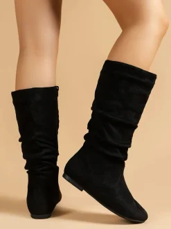 Mid-Calf Side Zipper Ruched Flat Boots