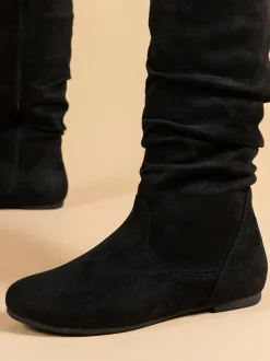 Mid-Calf Side Zipper Ruched Flat Boots