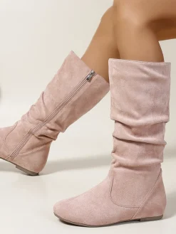 Mid-Calf Side Zipper Ruched Flat Boots