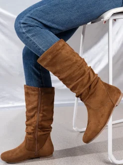 Mid-Calf Side Zipper Ruched Flat Boots