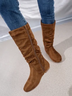 Mid-Calf Side Zipper Ruched Flat Boots