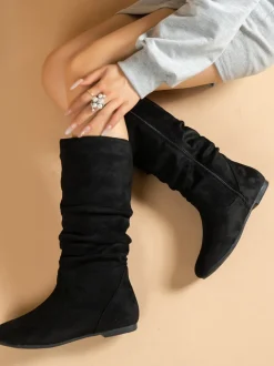 Mid-Calf Side Zipper Ruched Flat Boots