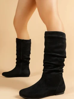 Mid-Calf Side Zipper Ruched Flat Boots