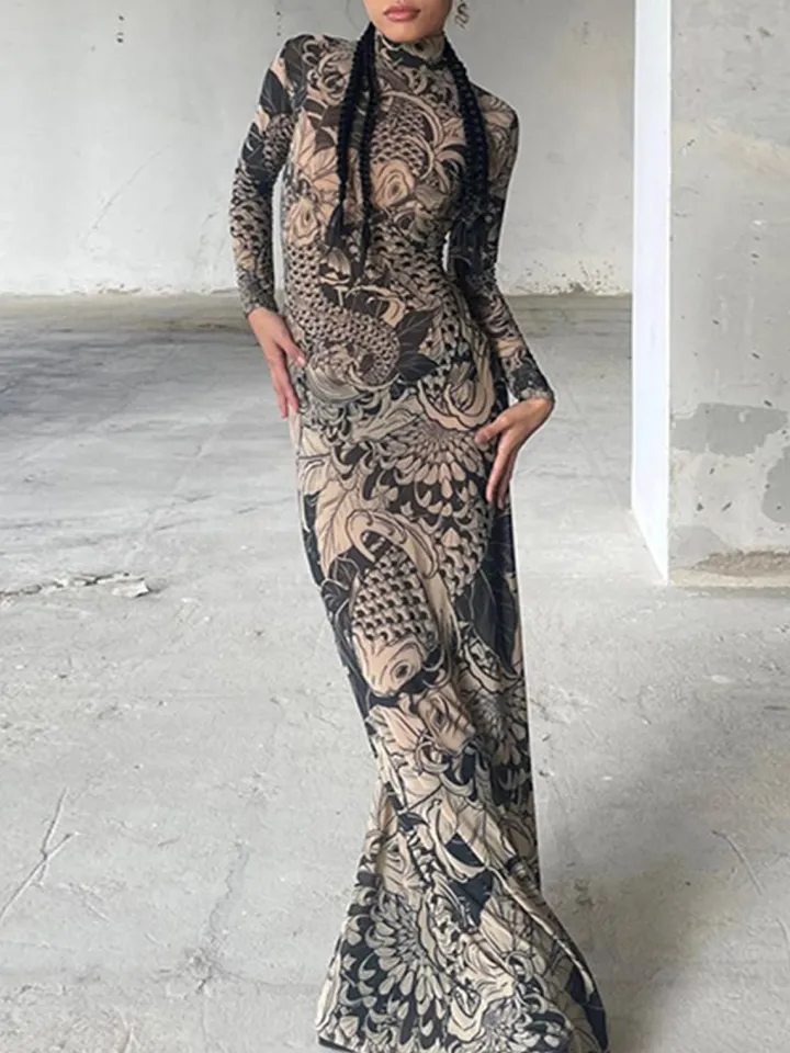 Mock Neck Mesh Print Maxi Dress