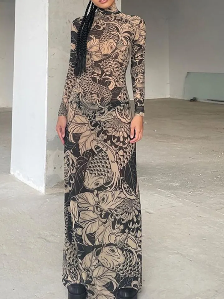 Mock Neck Mesh Print Maxi Dress