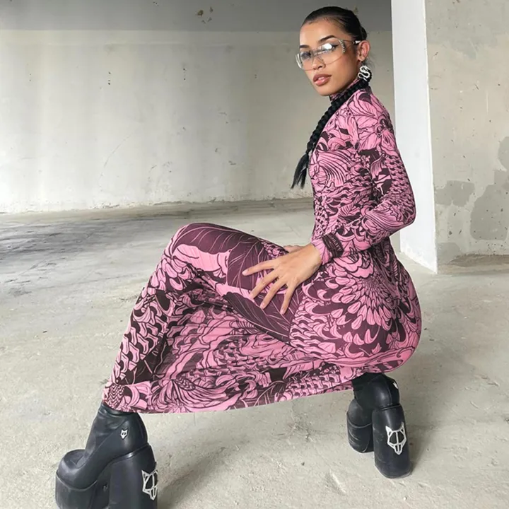 Mock Neck Mesh Print Maxi Dress