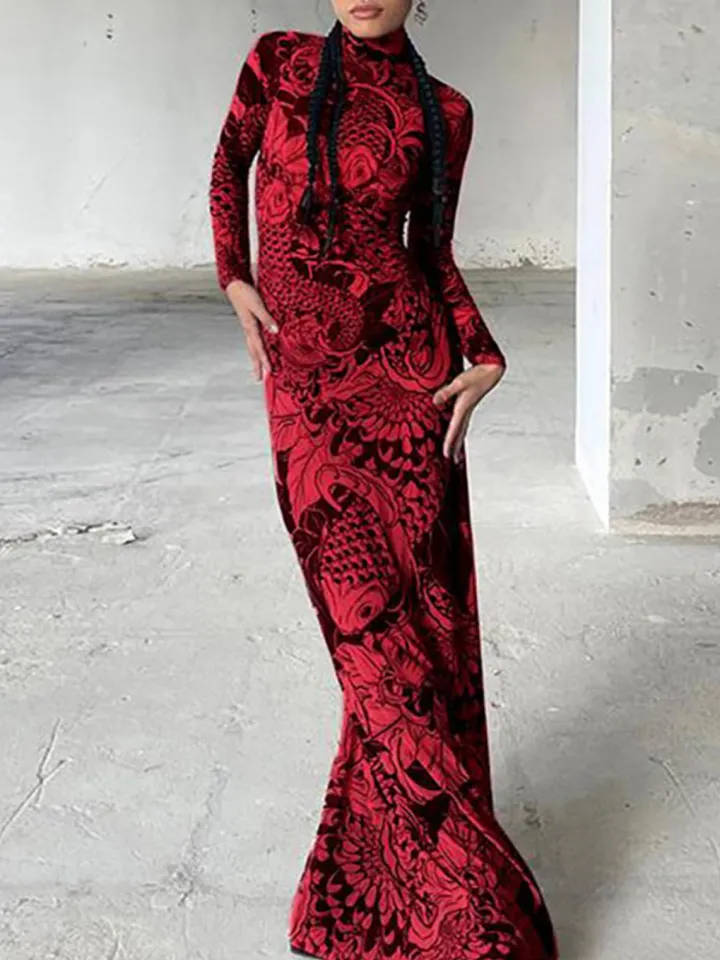 Mock Neck Mesh Print Maxi Dress