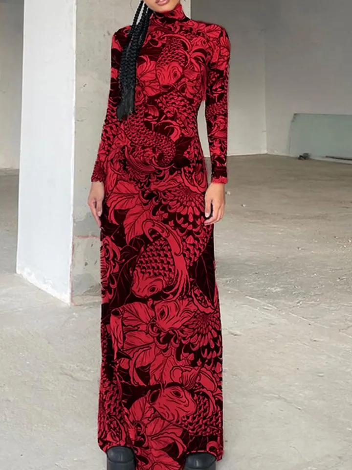 Mock Neck Mesh Print Maxi Dress