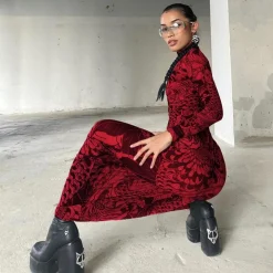 Mock Neck Mesh Print Maxi Dress