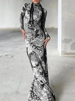 Mock Neck Mesh Print Maxi Dress