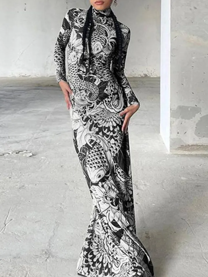 Mock Neck Mesh Print Maxi Dress