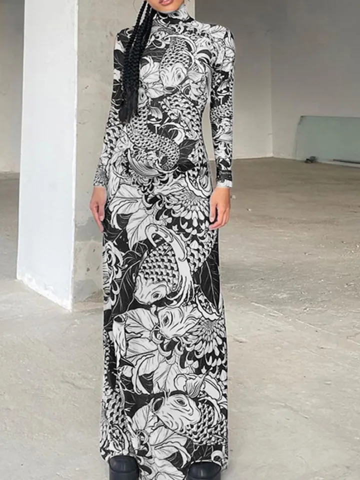 Mock Neck Mesh Print Maxi Dress
