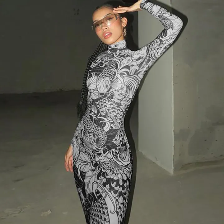 Mock Neck Mesh Print Maxi Dress