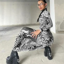 Mock Neck Mesh Print Maxi Dress