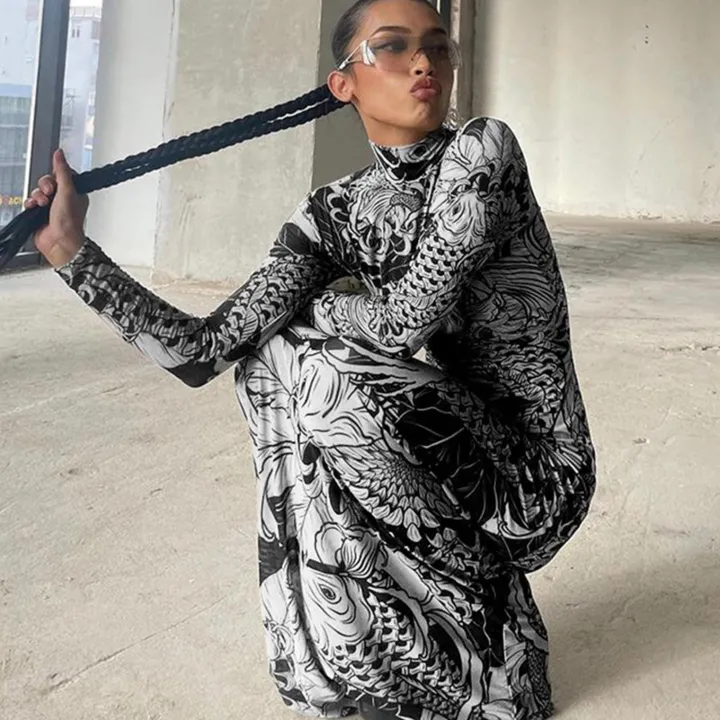 Mock Neck Mesh Print Maxi Dress