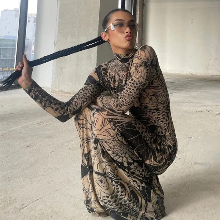 Mock Neck Mesh Print Maxi Dress