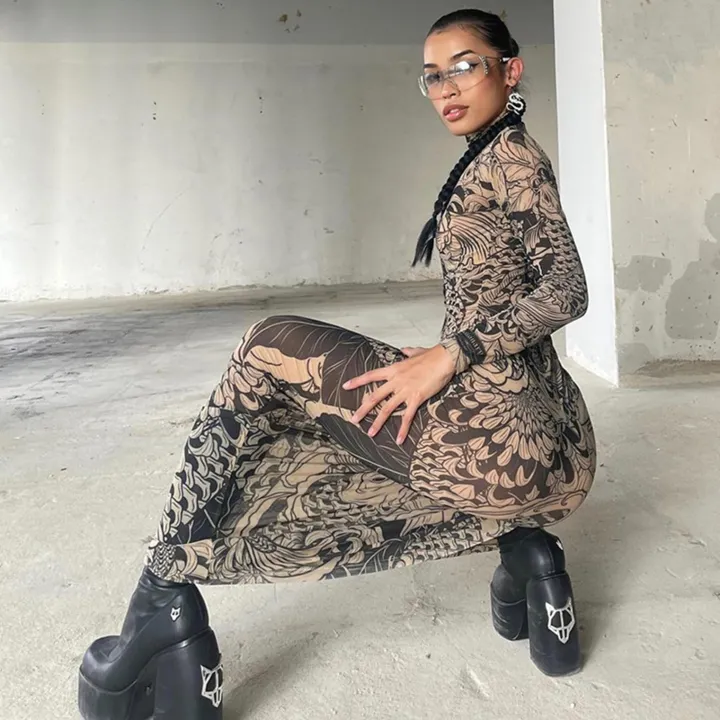 Mock Neck Mesh Print Maxi Dress