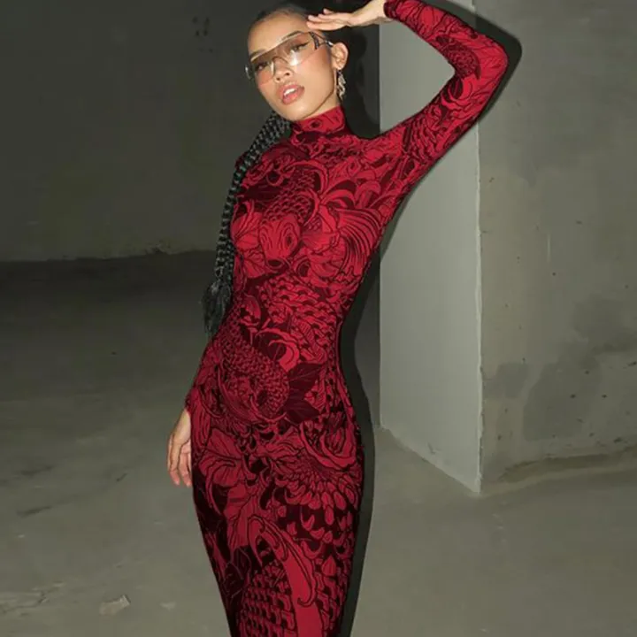 Mock Neck Mesh Print Maxi Dress