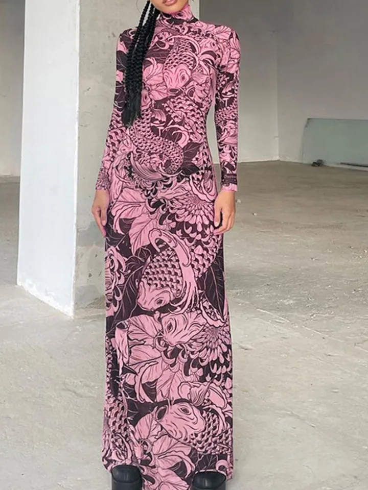 Mock Neck Mesh Print Maxi Dress